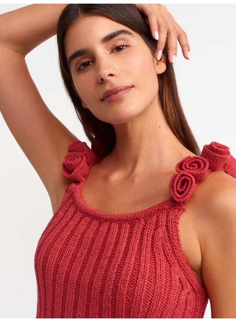 Dilvin 10524 Strappy Handmade Floral Detailed Knitwear Top-Red - Image 1